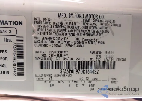 2013 Ford Fusion Se from USA, damaged, VIN 3FA6P0H97DR164432